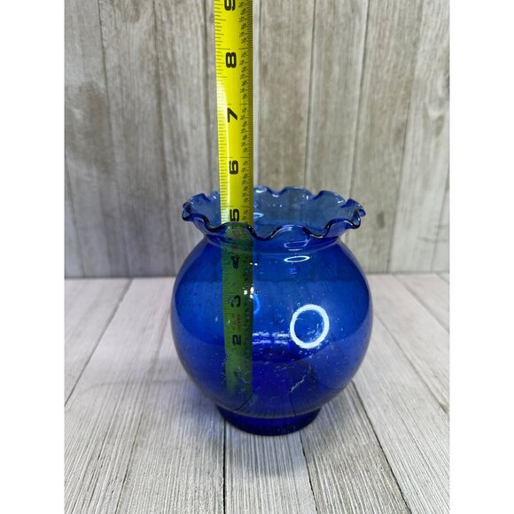 Vintage Cobalt Blue Bubble Glass Vase With Ruffled Collar 5.5" Tall Round Decor - Picture 6 of 7
